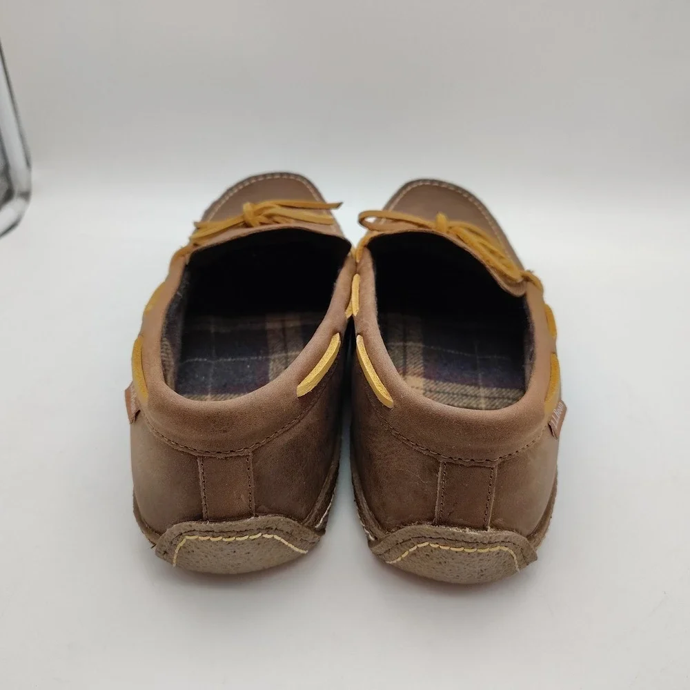 LL Bean Handsewn Moccasin Slippers Mens 11M Leather Brown Flannel Lined 212164